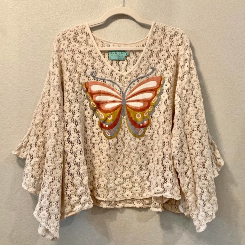 Judith March Crochet Top with Embroidered Colorful Butterfly Applique